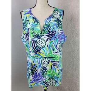 Sunsets & Sweet Tea  Women XL  Blue Green Tropical Print Travel Sleeveless Top
